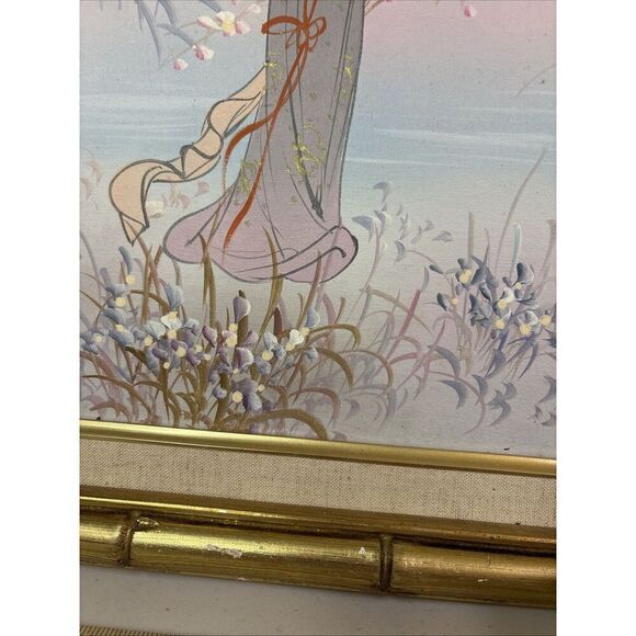 Signed Vintage Asian Painting - Japanese Geisha Pink Floral Garden - Framed - Picture 3 of 11